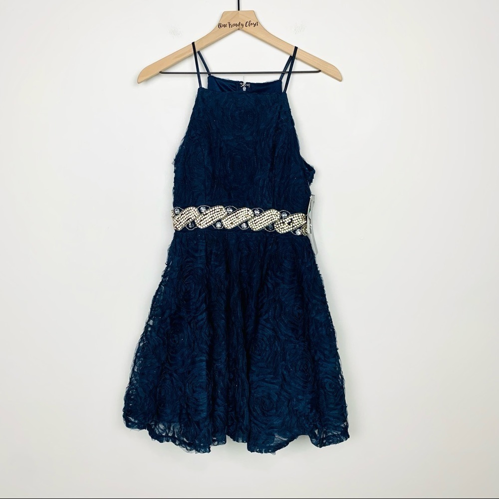 Trixxi | NWT Juniors Embellished Soutache Party Mini Fit Flare Navy Dress - Picture 2 of 13